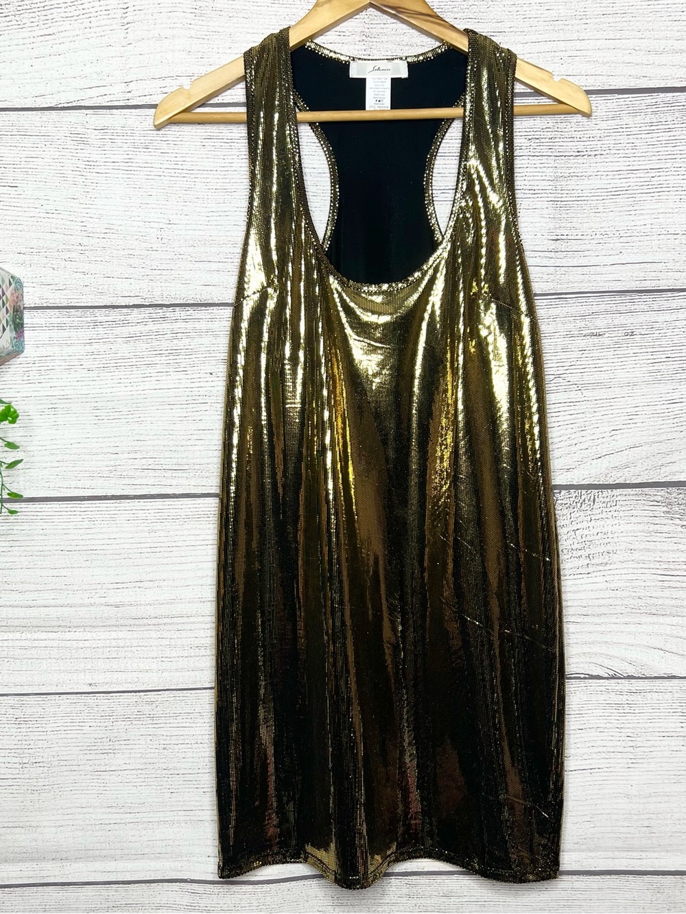 Solemio Liquid Gold Shiny Metallic Racerback Sleeveless Mini Dress Size Large